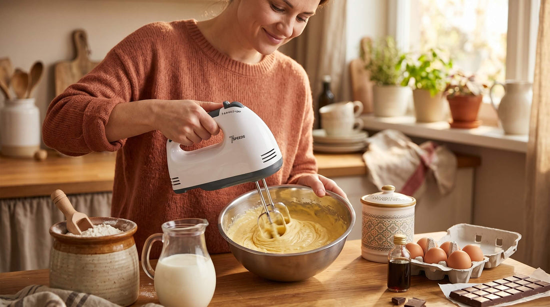 7 Speed Mini Handheld Mixer beats eggs, whips cream, and kneads dough