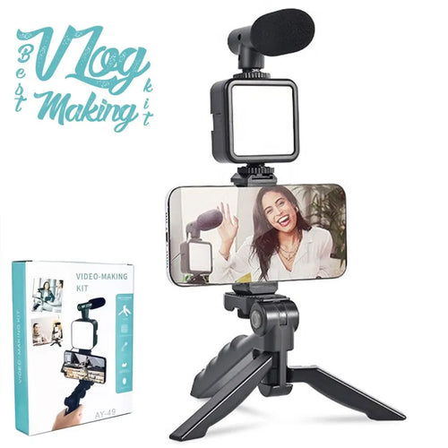 Video Making and Vlogging Kit - AY-49 for Video Making, Mic, Mini Vlog Tripod Stand, Microphone, LED Light & Phone Holder Clip for Making Tiktok Videos, Podcasting