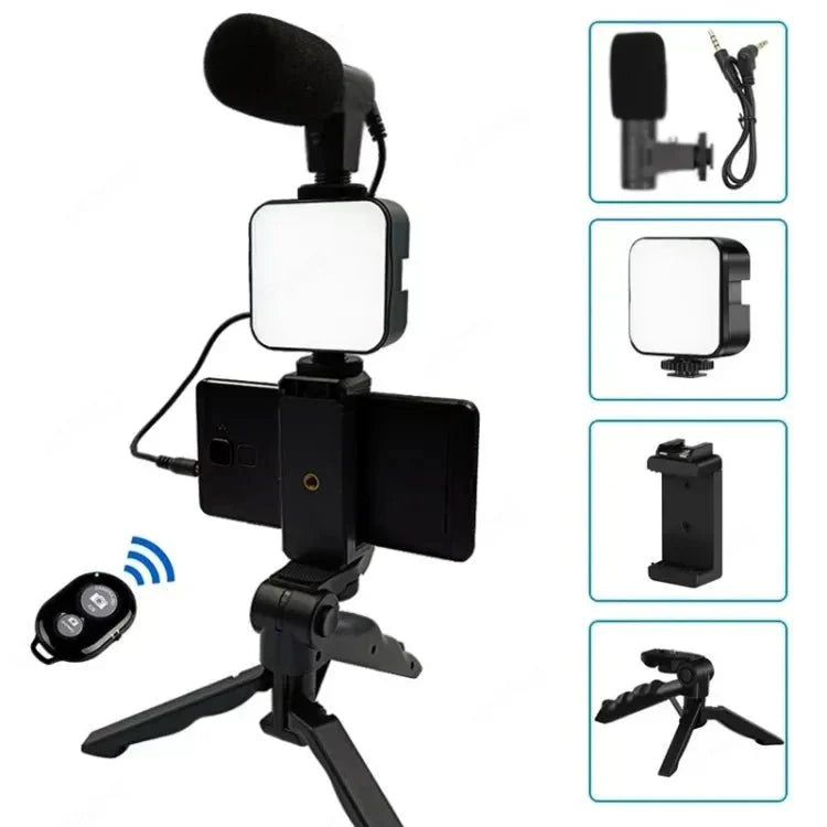 Video Making and Vlogging Kit - AY-49 for Video Making, Mic, Mini Vlog Tripod Stand, Microphone, LED Light & Phone Holder Clip for Making Tiktok Videos, Podcasting